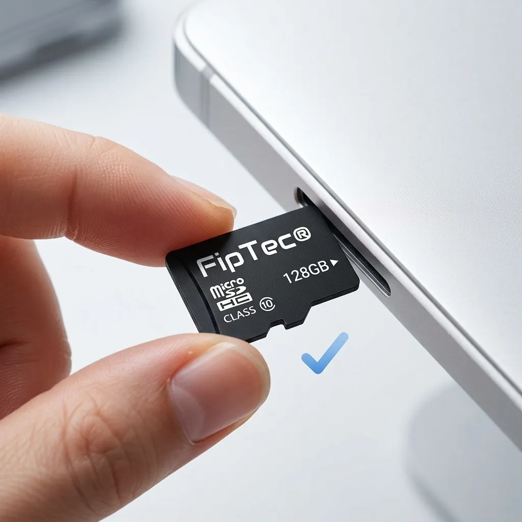 Ръка, която поставя 128GB MicroSD карта FipTec в лаптоп за преглед на записи. Лесен достъп до вашата информация за пълна сигурност и спокойно ежедневие.