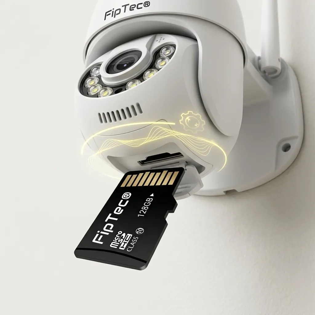Поставяне на 128GB MicroSD карта FipTec в слот на бяла смарт камера за стена. Лесна инсталация за сигурно съхранение на записи, гарантираща постоянна защита и спокойствие за вашето семейство.