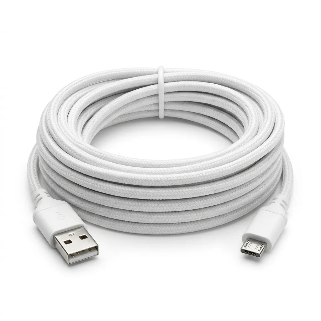 Бял плетен Micro-USB кабел FipTec с дължина 5 метра за захранване на охранителни камери, навит върху чист бял фон. Осигурява надеждна връзка и непрекъснато спокойствие за вашата домашна сигурност.