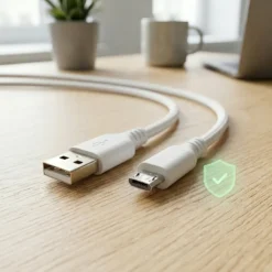 Бял плетен Micro-USB кабел за захранване на охранителни камери FipTec върху дървено бюро. Зеленият щит символизира надеждна защита и сигурна връзка за пълното спокойствие на вашия дом.