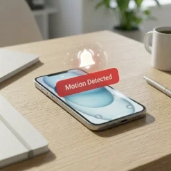 Смартфон върху дървено бюро показва ярко червено известие „Motion Detected“ (Засечено движение) със светеща икона на камбана, демонстрирайки бързата реакция на системата за сигурност FipTec за вашата надеждна защита и пълно спокойствие.
