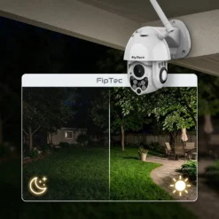 Външна безжична камера FipTec LO12 Pro, показваща сравнение между нощно и дневно виждане на двор, осигурявайки надеждна денонощна защита и пълно спокойствие за Вашия дом и семейство.
