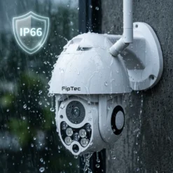 Водоустойчива външна камера FipTec LO12 Pro под дъжда със сертификат IP66 за защита от атмосферни влияния, гарантираща надеждна охрана и сигурност за Вашия имот при всякакви климатични условия.