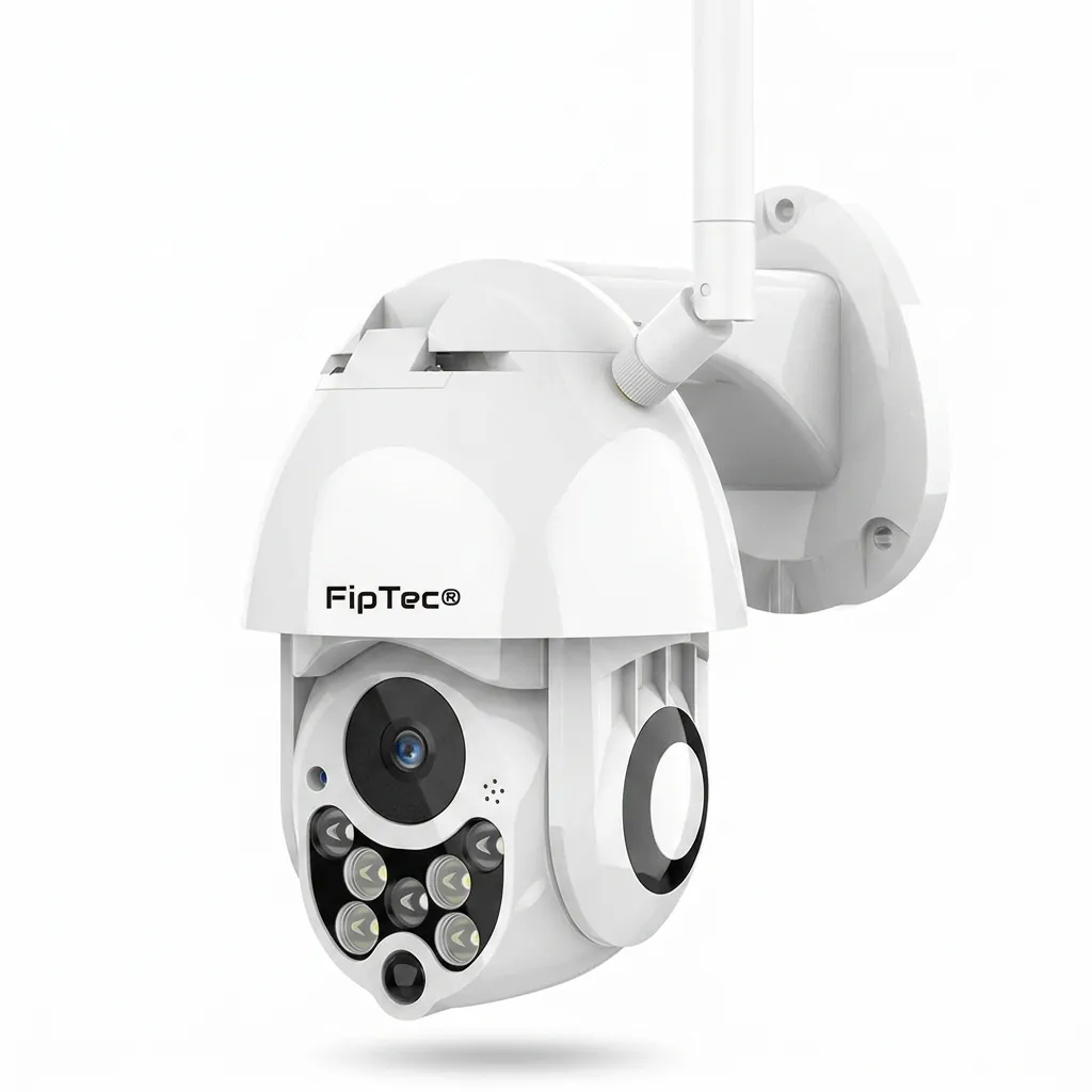Бяла външна камера за видеонаблюдение FipTec LO12 Pro на чист бял фон, предлагаща надеждна смарт охрана и интелигентно проследяване за максимално спокойствие и лесен контрол над Вашия дом.