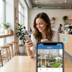 Усмихната жена в кафене проверява сигурността на дома си през приложението на FipTec, показващо четири камери на екрана, за пълен дистанционен контрол и Вашето ежедневно спокойствие.