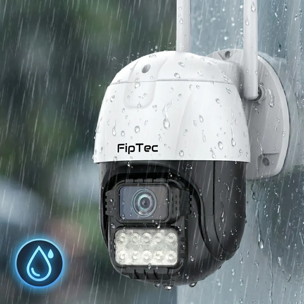 Водоустойчива външна WiFi камера FipTec LO22 Pro 4MP, заснета по време на силен дъжд, осигурява надеждна защита и сигурност при всякакви климатични условия за вашето пълно спокойствие.