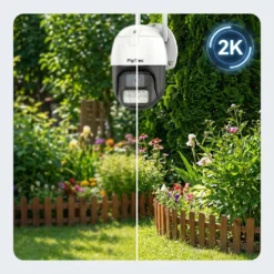 Външна WiFi камера FipTec с 2K резолюция показва кристална картина в лятна градина, гарантирайки детайлна защита и пълно спокойствие за сигурността на вашия имот.