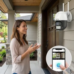 Жена говори пред външна WiFi камера FipTec LO22 Pro, използвайки двустранна аудио връзка през смартфон за лесна комуникация, осигуряваща максимална защита и спокойствие пред вашия дом.