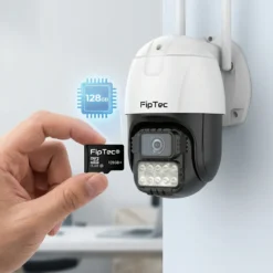 Външна WiFi камера FipTec LO22 Pro с поддръжка на 128GB MicroSD карта за локален запис, осигуряваща лесно съхранение на данни и сигурна защита за вашето пълно спокойствие.