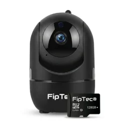 Комплект от черна въртяща се WiFi камера за видеонаблюдение FipTec LV06B и 128GB micro SD карта на бял фон, осигуряващ сигурен запис и лесен контрол за спокойствието на Вашия дом.