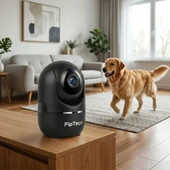 Модерна черна вътрешна безжична камера за наблюдение FipTec върху дървен шкаф в уютна дневна, където златист ретривър ходи по килима, осигурявайки защита и спокойствие за Вашия домашен любимец.