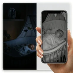 Смарт бебефон и WiFi камера FipTec LV06B, наблюдаваща спящо бебе през нощта, с кристално нощно виждане на екрана на смартфон за максимално спокойствие и сигурност.