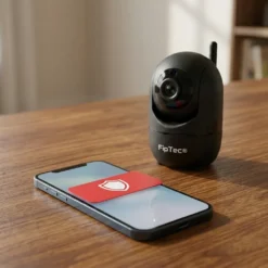 Модерна черна WiFi камера за наблюдение FipTec с антена върху дървена маса, със смартфон пред нея, показващ червена икона на щит, за дискретен контрол и сигурност.