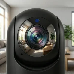 Близък план на черна FipTec LV06B WiFi камера за видеонаблюдение, чиято леща показва ясно отразен интериор на модерна дневна с диван и растения, за пълно спокойствие и контрол.