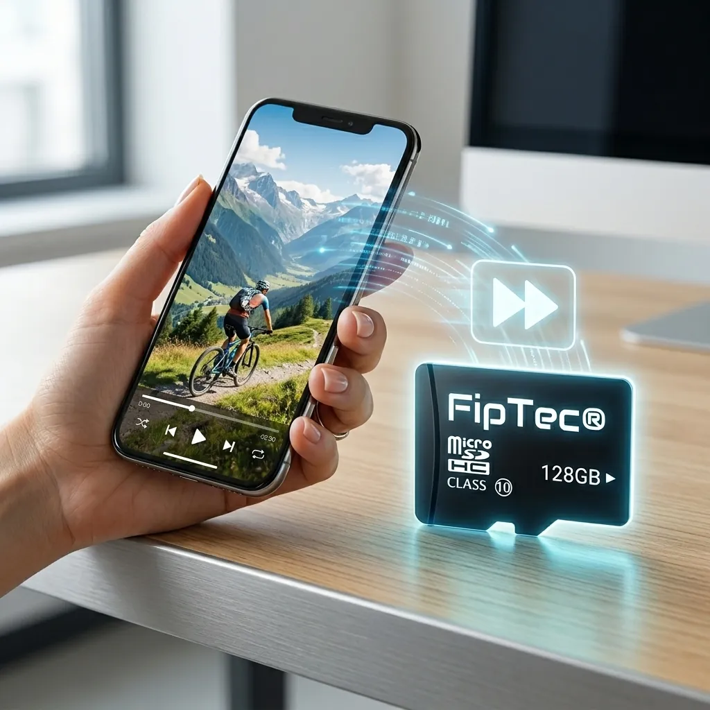 Ръка държи смартфон с видео запис до 128GB MicroSD карта FipTec Class 10. Бърз и лесен преглед на охранителните записи за сигурност без сложни системи и пълно спокойствие.