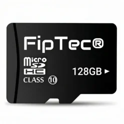 Черна MicroSD карта памет FipTec 128GB Class 10, представена на чист бял фон. Идеална за надеждно съхранение на видеозаписи от охранителни камери, осигурявайки ви дискретна сигурност и ежедневно спокойствие.