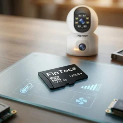 Карта памет FipTec MicroSD 128GB Class 10, разположена до бяла смарт камера за видеонаблюдение. Качествено съхранение на записи за надеждна защита на дома и постоянно спокойствие за вашето семейство.