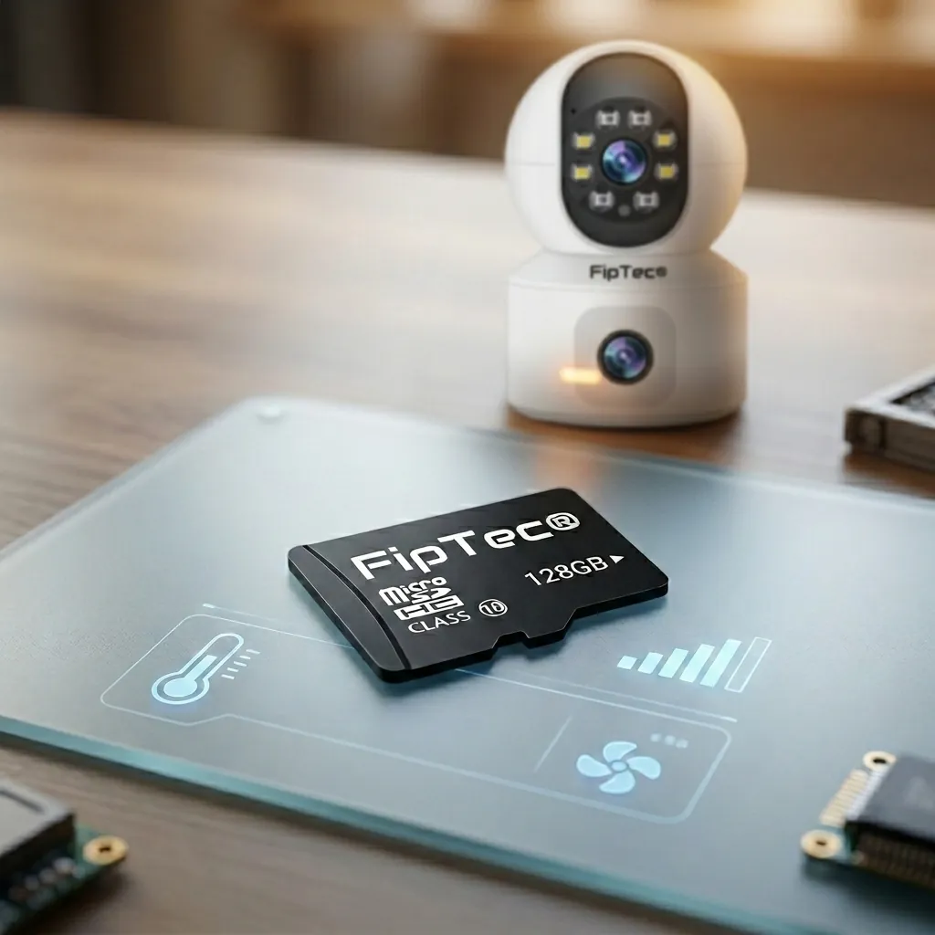 Карта памет FipTec MicroSD 128GB Class 10, разположена до бяла смарт камера за видеонаблюдение. Качествено съхранение на записи за надеждна защита на дома и постоянно спокойствие за вашето семейство.