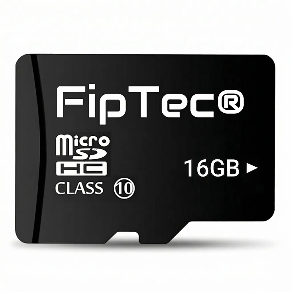 Черна MicroSD карта памет FipTec 16GB Class 10, представена на чист бял фон. Идеална за надеждно съхранение на видеозаписи от охранителни камери, осигурявайки ви дискретна сигурност и ежедневно спокойствие.