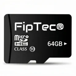 Черна MicroSD карта памет FipTec 64GB Class 10, представена на чист бял фон. Идеална за надеждно съхранение на видеозаписи от охранителни камери, осигурявайки ви дискретна сигурност и ежедневно спокойствие.