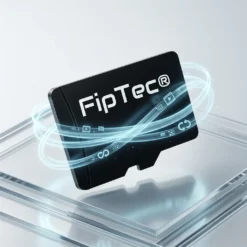 Висококачествена MicroSD карта памет FipTec, представена върху стъклен подиум със светещи графични елементи. Осигурете надеждна защита и дълготрайно спокойствие за дома чрез сигурно съхранение на вашите записи.