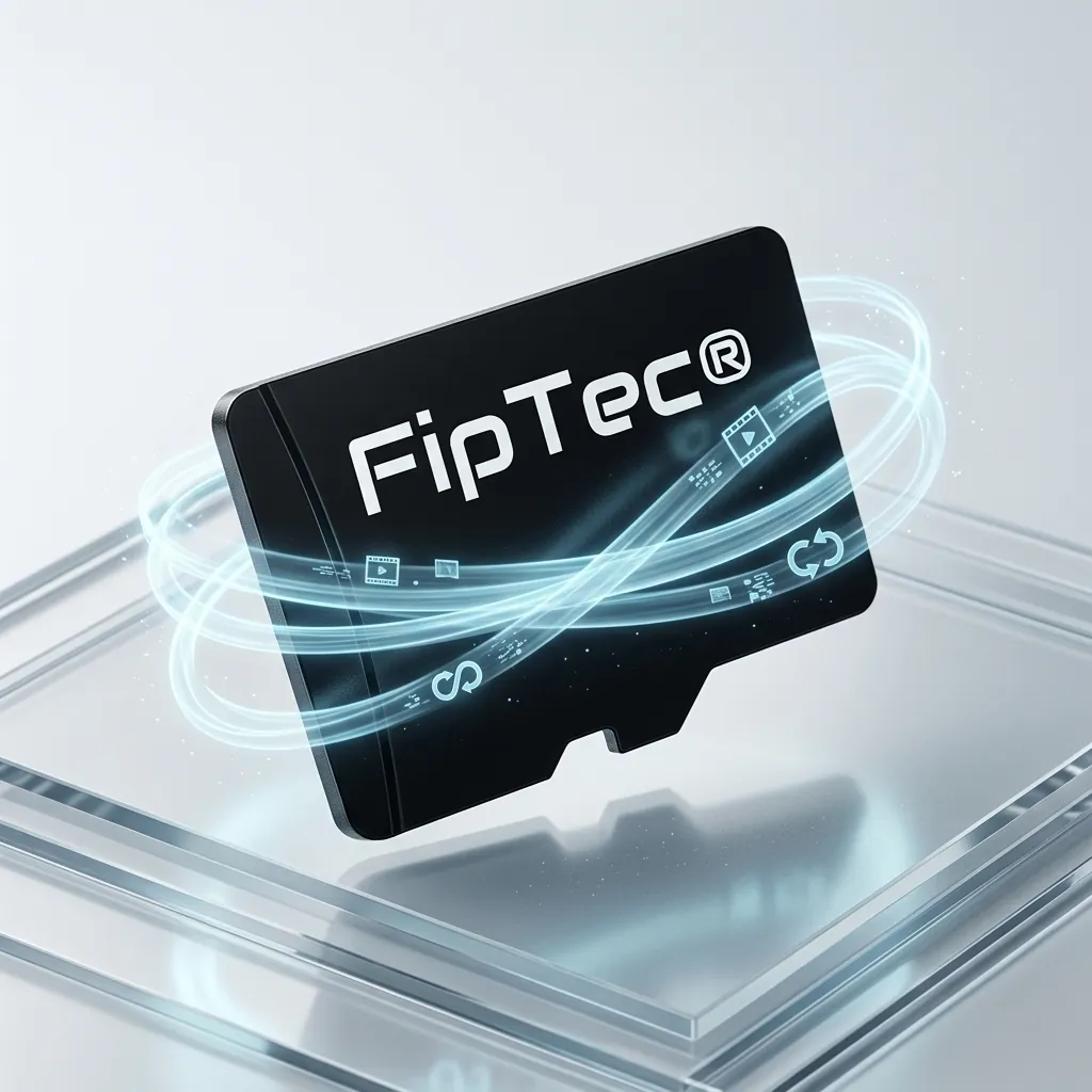 Висококачествена MicroSD карта памет FipTec, представена върху стъклен подиум със светещи графични елементи. Осигурете надеждна защита и дълготрайно спокойствие за дома чрез сигурно съхранение на вашите записи.