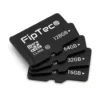 Четири MicroSD карти памет FipTec с капацитет от 16GB до 128GB, подредени на бял фон. Подходящи за съхранение на записи от охранителни камери, гарантиращи надеждна защита и лесен контрол.