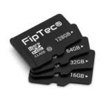 Четири MicroSD карти памет FipTec с капацитет от 16GB до 128GB, подредени на бял фон. Подходящи за съхранение на записи от охранителни камери, гарантиращи надеждна защита и лесен контрол.