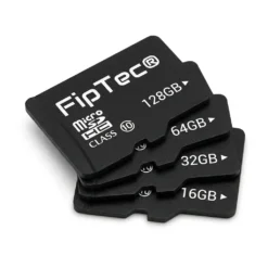 Четири MicroSD карти памет FipTec с капацитет от 16GB до 128GB, подредени на бял фон. Подходящи за съхранение на записи от охранителни камери, гарантиращи надеждна защита и лесен контрол.