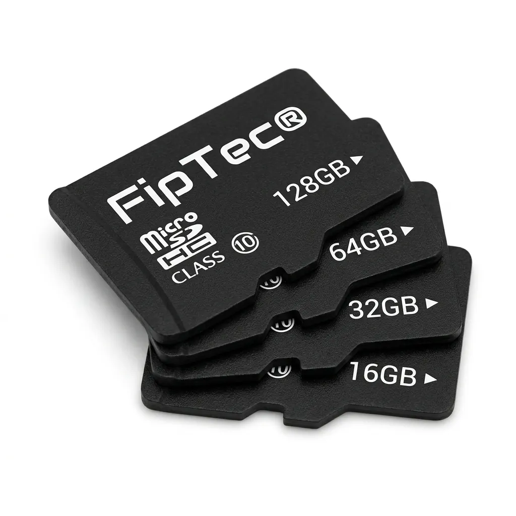 Четири MicroSD карти памет FipTec с капацитет от 16GB до 128GB, подредени на бял фон. Подходящи за съхранение на записи от охранителни камери, гарантиращи надеждна защита и лесен контрол.