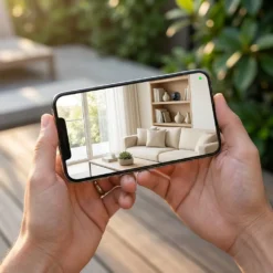 Смартфон в ръцете на потребител показва изглед на живо от мини WiFi камера FipTec, разположена на етажерка в светла всекидневна, осигурявайки дискретно наблюдение, надеждна защита и пълно спокойствие.