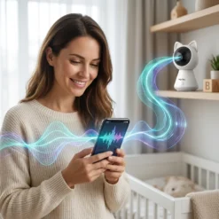 Усмихната майка използва смартфон, за да слуша бебето си чрез смарт бебефон FipTec с ушички. Устройството осигурява надеждна защита и дискретна сигурност за вашето пълно спокойствие.