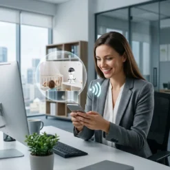 Усмихната жена в офис проверява своя смартфон, на който се вижда картина от смарт бебефон FipTec в детската стая. Дистанционният контрол осигурява пълна сигурност и спокойствие за вашето бебе.