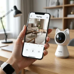 Ръка държи смартфон с мобилното приложение на FipTec, показващо картина от дома до смарт бебефон с ушички. Осигурете си дискретна сигурност и лесен контрол за вашето пълно спокойствие.