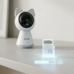 Бял смарт бебефон FipTec с ушички, разположен на рафт, илюстриращ възможностите за локален запис на SD карта и съхранение в облака. Гарантирайте си надеждна защита и спокойствие с лесен контрол.