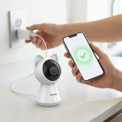 Ръка включва бял смарт бебефон FipTec с ушички в захранването, докато смартфон потвърждава успешна инсталация. Насладете се на дискретна сигурност и лесен контрол за вашето пълно спокойствие у дома.
