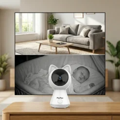 Бял смарт бебефон FipTec с ушички пред разделен екран, показващ дневен хол и спящо бебе на нощно виждане. Дискретна сигурност и лесен контрол за вашето пълно спокойствие.