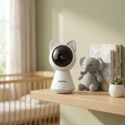 Бял смарт бебефон FipTec с ушички, разположен на дървен рафт в уютна детска стая до плюшена играчка. Осигурете си надеждна защита и дискретна сигурност за вашето пълно спокойствие.