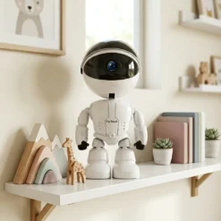 Бяла смарт камера FipTec с форма на симпатичен робот, поставена на декоративен рафт в уютна детска стая. Тя стои до дървени играчки и сукуленти, осигурявайки дискретна охрана и сигурност за вашето спокойствие.