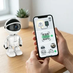 Ръце държат смартфон с инструкции за бърза инсталация на бяла безжична камера FipTec робот. Процесът гарантира лесен контрол и дискретна сигурност за вашето пълно спокойствие у дома.