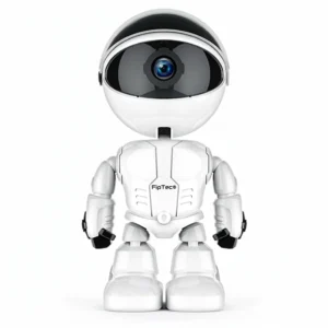 Бяла смарт камера FipTec с уникален дизайн на робот, разположена на изчистен фон. Идеална за охрана на детската стая и лесен контрол през телефона за вашето пълно спокойствие.