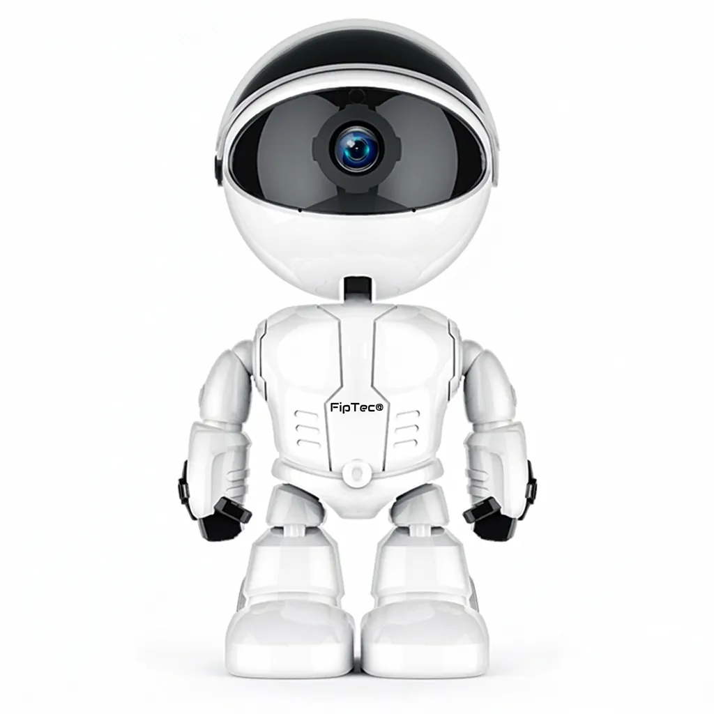 Бяла смарт камера FipTec с уникален дизайн на робот, разположена на изчистен фон. Идеална за охрана на детската стая и лесен контрол през телефона за вашето пълно спокойствие.