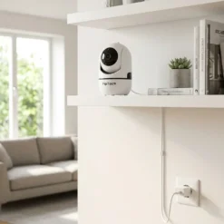 Бяла интелигентна Wi-Fi камера FipTec, разположена на бяла полица в модерен хол, осигурява дискретна защита и сигурност за дома. Насладете се на пълно спокойствие с лесен контрол отвсякъде.