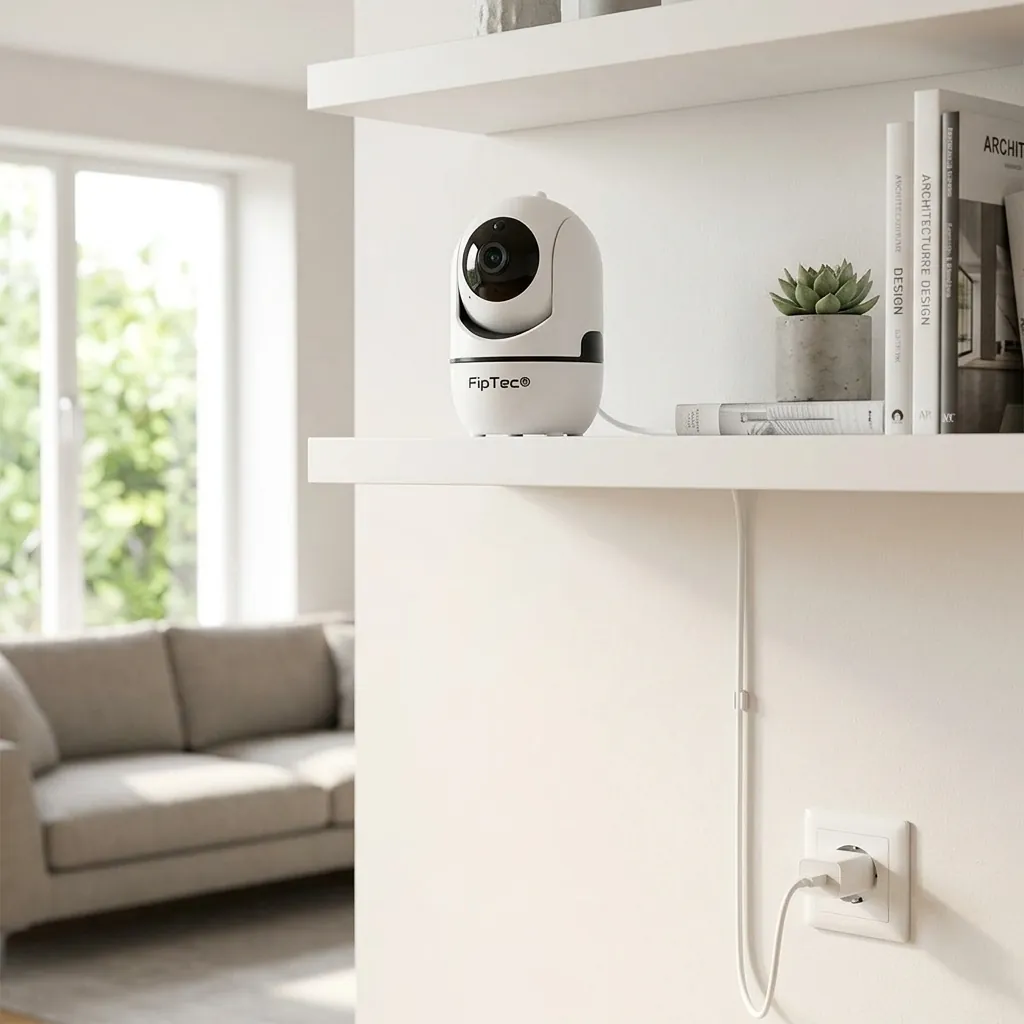 Бяла интелигентна Wi-Fi камера FipTec, разположена на бяла полица в модерен хол, осигурява дискретна защита и сигурност за дома. Насладете се на пълно спокойствие с лесен контрол отвсякъде.