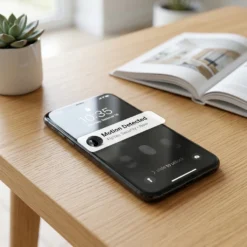 Смартфон върху дървено бюро показва известие за засечено движение „Motion Detected“ от приложението FipTec Security, илюстрирайки надеждната система за известяване, която гарантира вашата защита и пълно спокойствие.