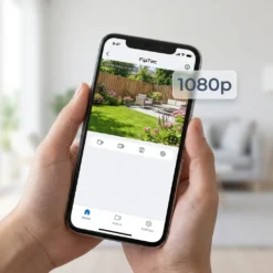 Смартфон в ръцете на потребител показва кристално чиста 1080p картина от безжична камера FipTec, насочена към подредена градина с мебели за отдих, осигурявайки лесен отдалечен достъп, надеждна защита и пълно спокойствие.
