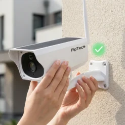 Две ръце монтират соларна безжична камера FipTec, модел LS01, върху външна стена, като зелената икона потвърждава лесното и сигурно закрепване за пълно спокойствие.