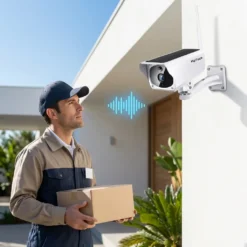 Куриер с пратка разговаря чрез двупосочно аудио със соларна безжична камера FipTec, монтирана пред модерна къща, осигурявайки лесна комуникация, надеждна защита и пълно спокойствие за вашия дом.