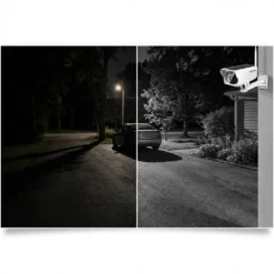 Сравнение на нощно виждане: лявата страна показва тъмна алея, а дясната страна показва ясно осветена площ чрез инфрачервено или LED осветление от соларна безжична камера FipTec, гарантираща надеждна защита и пълно спокойствие през нощта.
