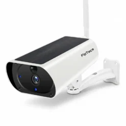 Бяла безжична соларна камера FipTec с вграден соларен панел и антена, представена на чист бял фон, осигуряваща надеждна автономна защита и пълно спокойствие за вашия дом.